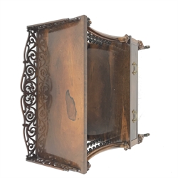 Victorian rosewood two tier etagere, scroll fretwork gallery back, carved elongated c scroll supports with scrolled terminals and barley twist supports, single drawer to base, turned and lobe carved feet with brass cups and castors, W77cm, H94cm, D36cm