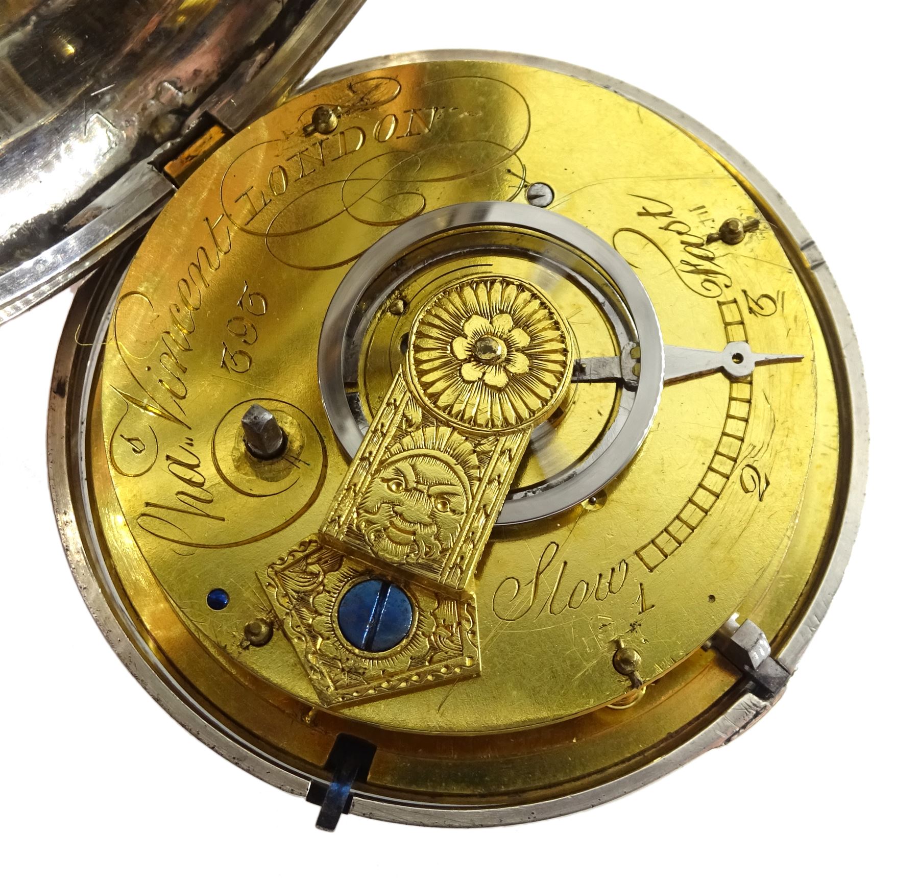 George III silver pair cased verge fusee doctors pocket watch by Charles Vincent, London, No. 393, round pillars, engraved balance cock decorated with a mask, stop/work lever, two intersecting dials with Arabic numerals, case makers mark I C, London 1802