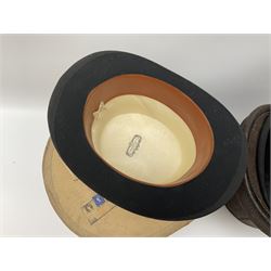 Top hat by Tress & Co London, in a  fitted leather leather case,  Top hat by Chapellerie Francaise. 