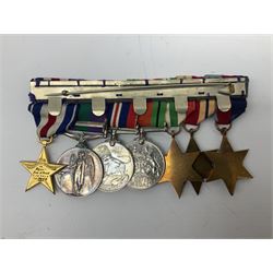 Group of five WW2 medals comprising 1939-1945 War Medal, Defence medal, 1939-1945 Star, Africa Star with 1st Army clasp and Italy Star, on medal bar with George VI General Service Medal with Malaya clasp and US Silver Star (with original issue case containing button-hole badge) awarded to Major J. Brock R.W.K. complete with set of miniatures and various ribbons; together with two 1930s Life Saving Medals, two RWK association 'jewels' of office, RWK regimental car mascot with additional inner crest etc