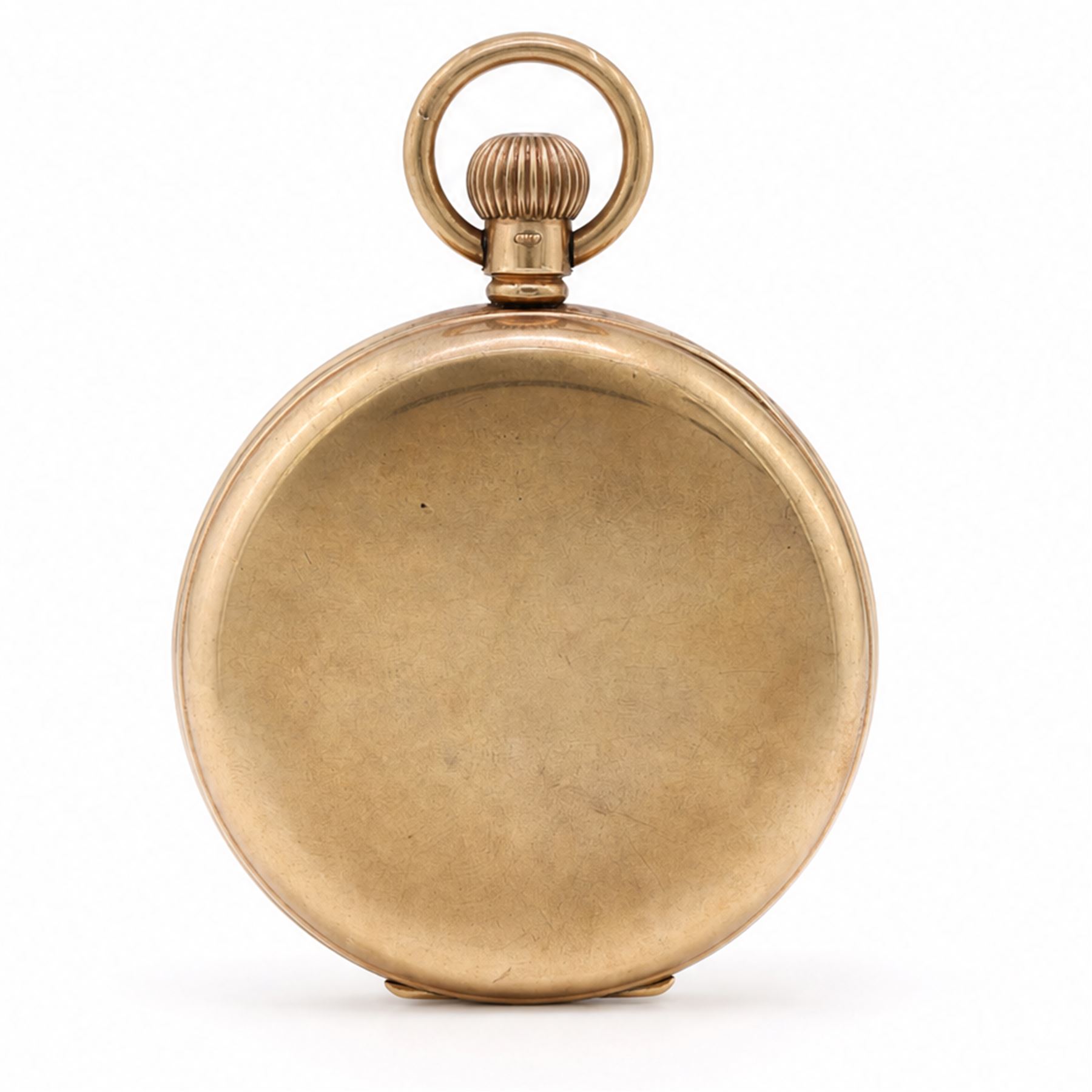 Early 20th century 9ct gold open face keyless lever pocket watch by J. W. Benson, London, white enamel dial with Roman numeral hour markers and subsidiary seconds dial, case by Dennison, Birmingham 1930