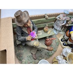 Collection of ceramics to include Royal Doulton Winston Churchill toby jug, Capodimonte style figures, novelty brandy decanter etc, in two boxes