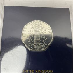 Queen Elizabeth II '50th Anniversary of the 50p 1969-2019' set of five fifty pence coins including 2019 Kew Gardens re-issue, each housed on Change Checker card