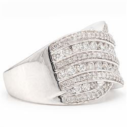 18ct white gold diamond wave design ring, channel and grain set with alternating rows of round brilliant cut diamonds, hallmarked, total diamond weight 1.00 carat