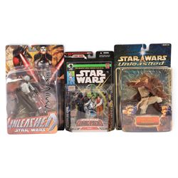 Collection of modern Star Wars figures and vehicles, comprising Kenner Landspeeder, Kenner Caccia Tie (Tie Fighter), Hasbro The Saga Collection Mace Windu's Jedi Starfighter, Hasbro Revenge of the Sith Grievous' Wheel Bike, Hasbro Episode I Sebulba's Podracer, two Hasbro Revenge of the Sith figures Darth Vader and Emperor Palpatine, two Hasbro 500 Darth Vader figures, hasbro Star Wars #1 comic pack, Hasbro Star Wars Celebration III, Unleashed Asajj Ventress and Obi-Wan Kenobi and Issue #1 of the DeAgostini Star Wars Figurine collection magazine, all boxed