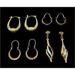 Three pairs of gold hoop earrings and one other pair of gold twist earrings, all 9ct