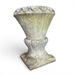 Collection of decorative cast stone garden pieces, comprising three graces bird bath, three urn planters, urn base, figure of girl and a Scottie dog (7)