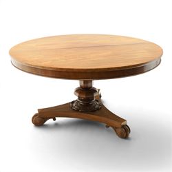 William IV mahogany circular breakfast table, banded frieze over a turned decagon pedestal...