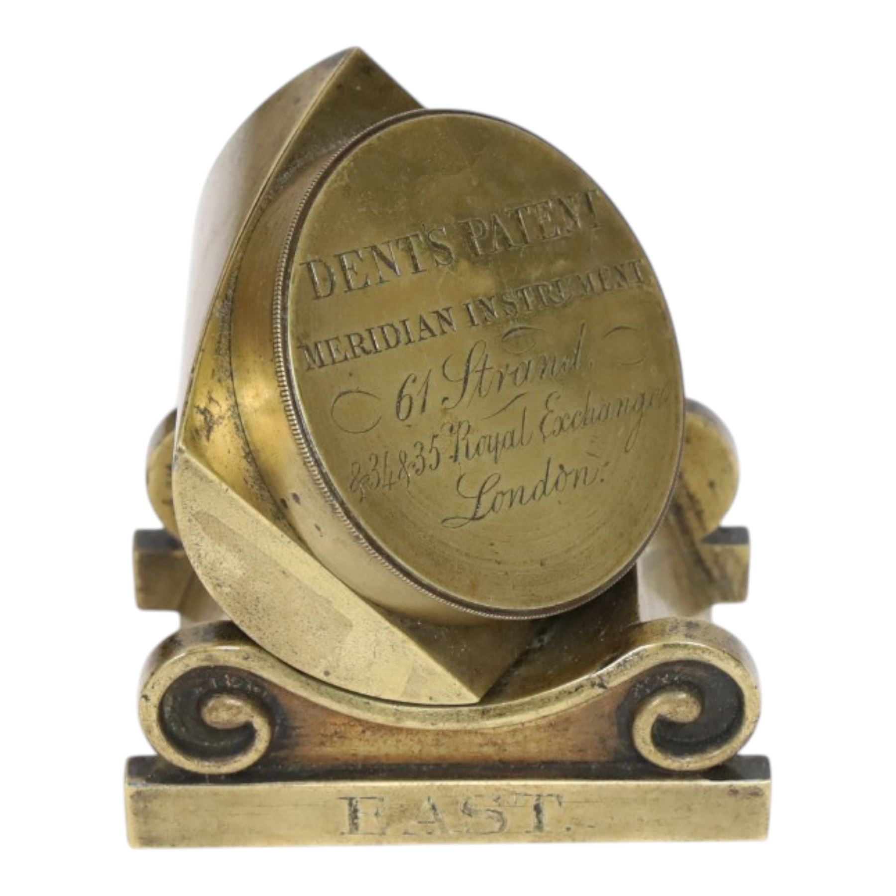 Mid 19th century brass dipleidoscope by E.J.Dent, the screw cap inscribed 'Dent's Patent Meridian Instrument 61 Strand & 34 & 35 Royal Exchange London', with 'East' engraved to on side and 'E.J.Dent Patentee 732' to the other, H8cm
