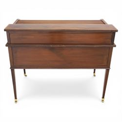 George III style inlaid mahogany tambour desk, the roll top enclosing fitted interior with small drawers and compartments above inset leather writing surface, over three frieze drawers, raised on square tapering supports with brass caps and castors