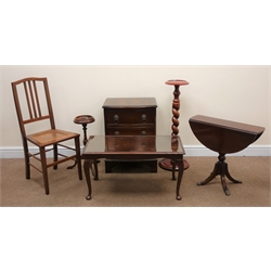  A small Georgian style mahogany chest, moulded top, three drawers, shaped bracket supports (W50cm, H65cm, D40cm) a mahogany pedestal, a small drop leaf occasional table, small pedestal stand, glass top coffee table and a bedroom chair (6)    