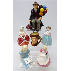  Five Royal Doulton figures, 'Peggy' HN 2038, 'Cookie' HN 2218, 'Bunny' HN 2214, 'Alice' HN 2158, 'The Balloon Man' HN 1954, H19cm and a Royal Doulton small character jug 'Arry' (6)  
