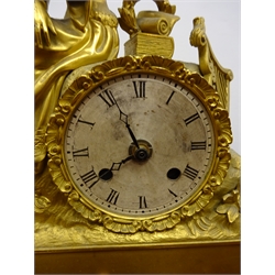  Late 19th century French gilt metal figural mantel clock, seated female with circular silvered dial, modern movement, H38cm    