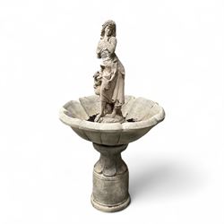 Cast stone garden centre-piece bird bath with raised female figure