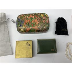 Collection of costume jewellery, including synthetic pearl necklace with gold clasp, enameled and gilt 1948 two shillings coin pendant necklace, enameled and gilt 1836, Singaporean floral orchid pendant/brooch, by Risis, wooden jewellery boxes etc 