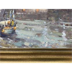 Donald Gray Midgely (British 1918-1995): 'Inca in Whitby Harbour', oil on canvas board signed, titled verso with artist's address label 44cm x 54cm 
Provenance: purchased directly from the artist by the vendor in 1984, original receipt verso