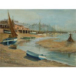 Harold Pye (Fylingdales Group mid 20th century): Bridlington Harbour at Low Tide, oil on board signed 50cm x 63cm