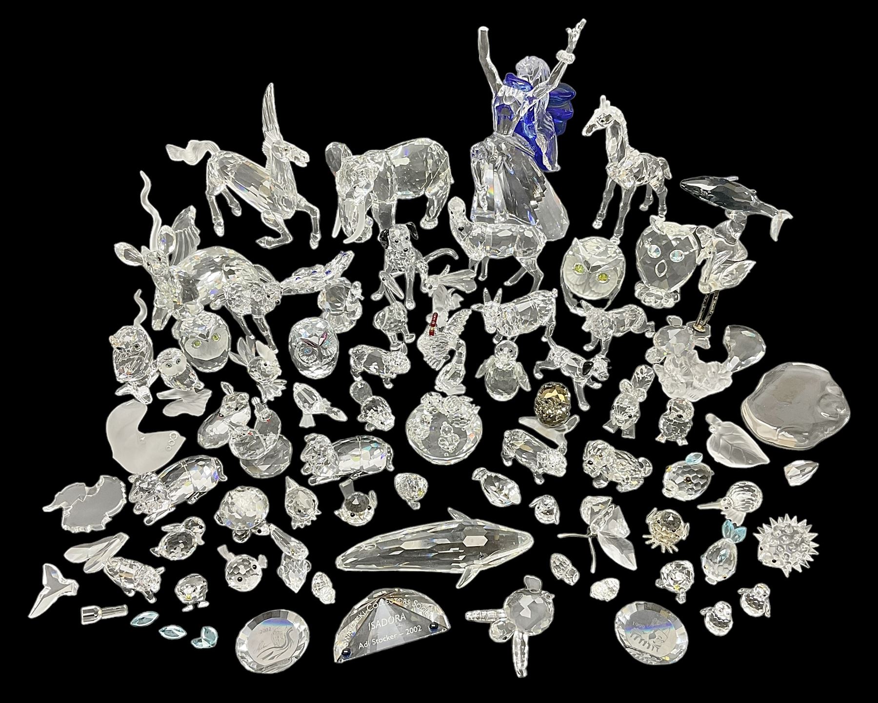 Swarovski Crystal animals, to include sheep, pigs, antelope, cockeral and hen, chicks, Pegasus, owls, giraffe, etc, together with Swarovski Crystal dancer, Isadora