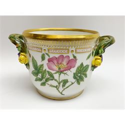 Royal Copenhagen Flora Danica wine cooler, with naturalistically modelled vine handles encrusted with flowers, the exterior decorated with botanical studies, of 'Rosa tomentosa Lm' and 'Taraxacum phymatocarpum J Vahl', and a gilt border, with printed and painted marks beneath, H12cm not including handles D12cm
