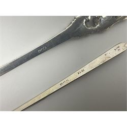 Early 20th century cut glass silver sugar caster, hallmarked C B Thomas & Co, Birmingham 1910, together with silver pepper, hallmarked, a continental silver pickle fork, stamped 800 and a plated cake fork