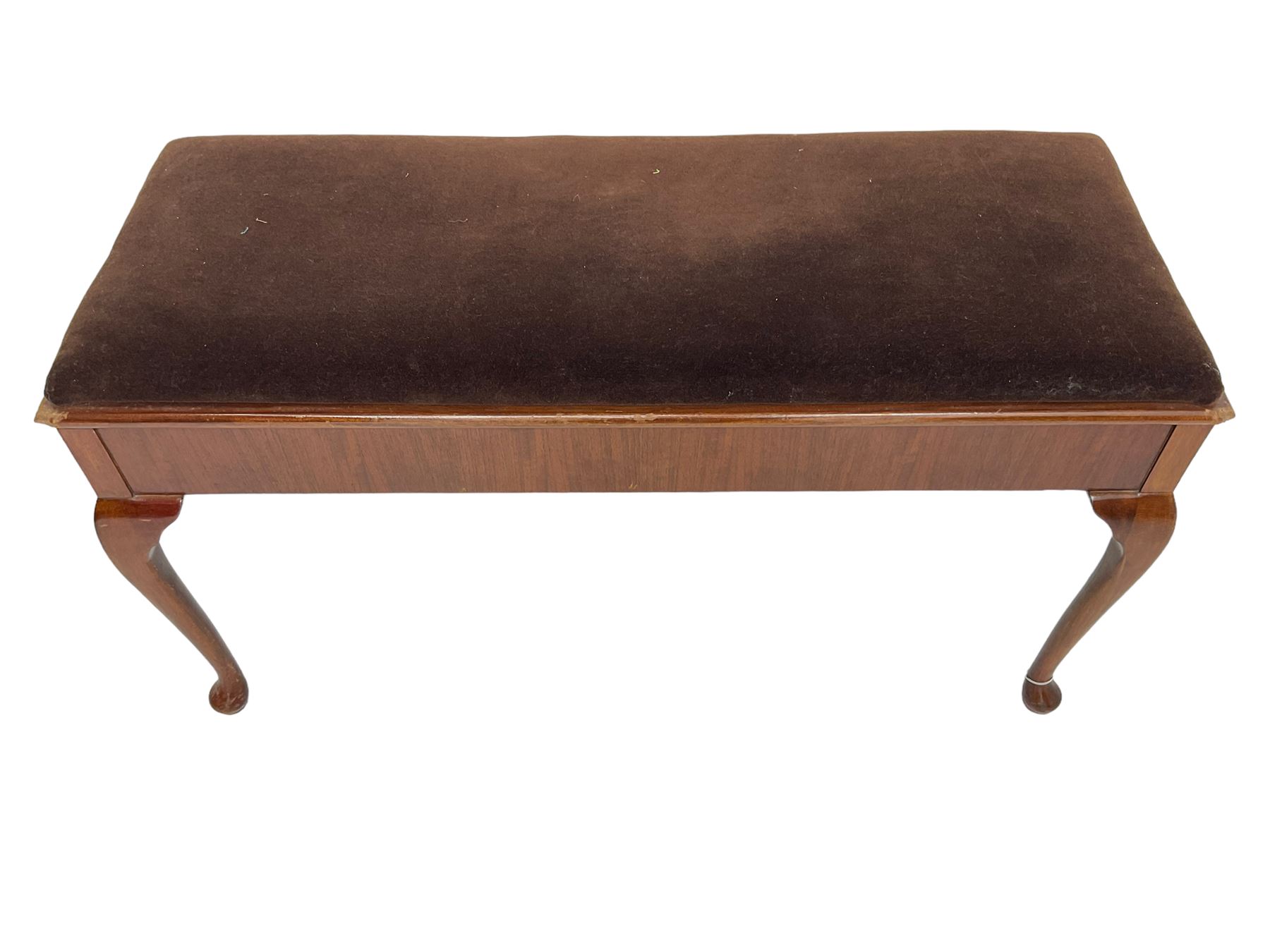 Early 20th century walnut duet piano stool, rectangular hinged lid with upholstered seat, on cabriole supports