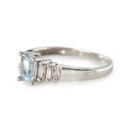 10ct white gold aquamarine and diamond ring, single octagonal cut aquamarine of approx 0.45 carat, with three tapered baguette cut diamonds set either side, stamped
