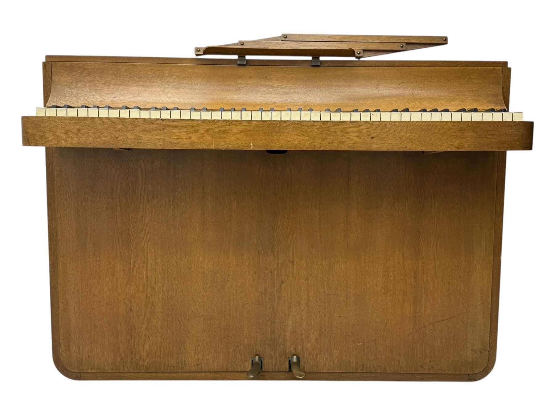 Louis Zwicki - mid-20th century oak cased compact piano, fitted with a folding music rest and full keyboard, dual brass pedals