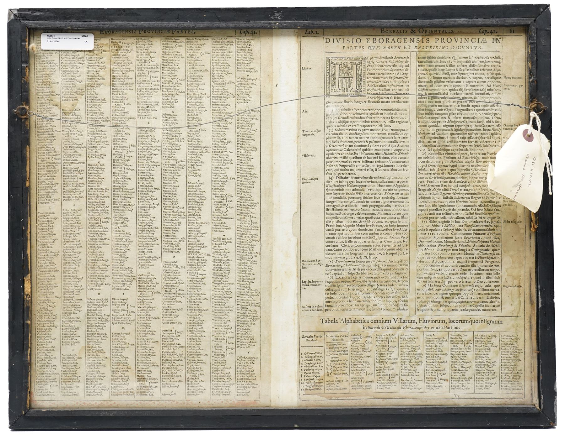 John Speed (British 1552-1629): 'The North and East Ridings of Yorkshire', 17th century engraved map with hand-colouring with inset plans of Richmond and Hull and numerous armorials, Latin text verso pub. by John Sudbury & George Humble c.1611-1616, 40cm x 52cm