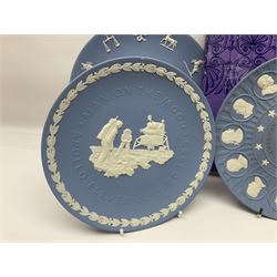 Collection of Wedgwood Jasperware, to include black Eisenhower Bust, two black basalt paperweights, one depicting an eagle and one depicting Julius Caesar, a blue Zodiac plate, Man on the Moon commemorative plate, American Independence Bicentennial plate and Royal commemorative ware, etc, all with impressed marks beneath, some with boxes