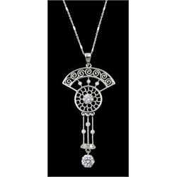 Silver Art Deco style cubic zirconia openwork pendant necklace, stamped 925 