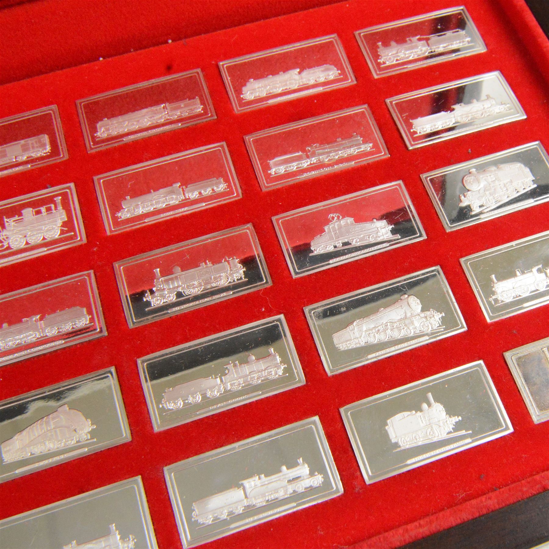 Set of fifty 'Great British Locomotives' silver ingots by  John Pinches, rectangular ingots depicting a different locomotive to each, hallmarked John Pinches, London 1978, in wooden presentation case