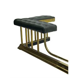 Victorian design brass telescopic extending club fire fender, the corner seats upholstered in buttoned green fabric over plain balustrade, on moulded base with floral cast corner brackets 