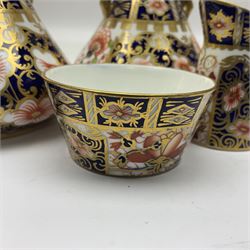 Pair of Royal Crown Derby 6299 imari pattern miniature vases, together with a miniature pitcher and dish in 2451 imari pattern, all with printed marks beneath, vase H12cm 