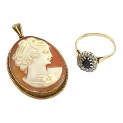 Gold cameo brooch and gold stone set cluster ring, both hallmarked 9ct