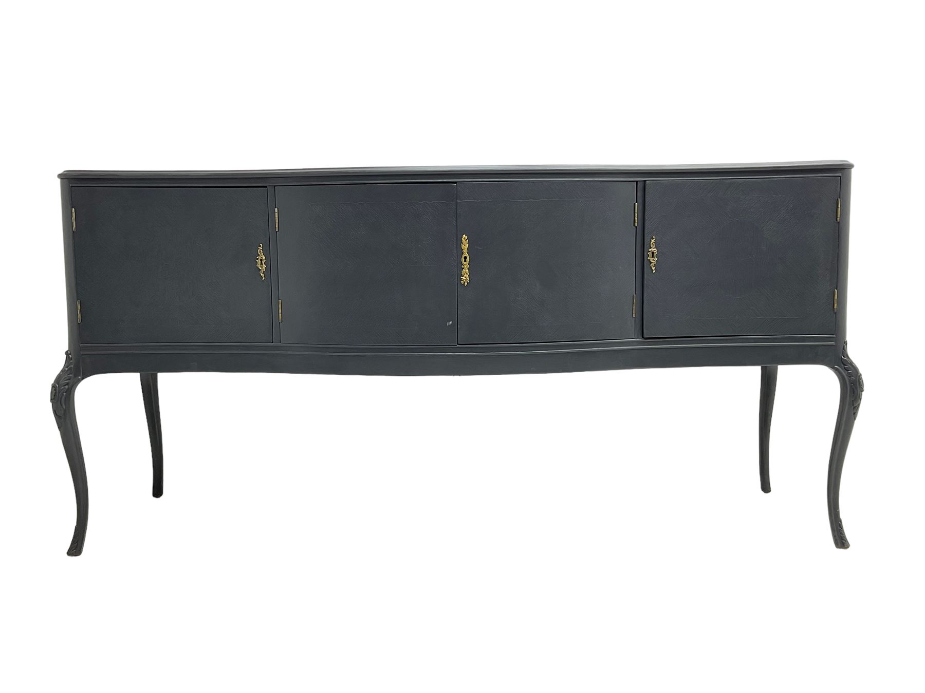 French design grey painted teak serpentine sideboard, the shaped front fitted with central double cupboard flanked by two single cupboards, each concealing drawer, on cabriole supports