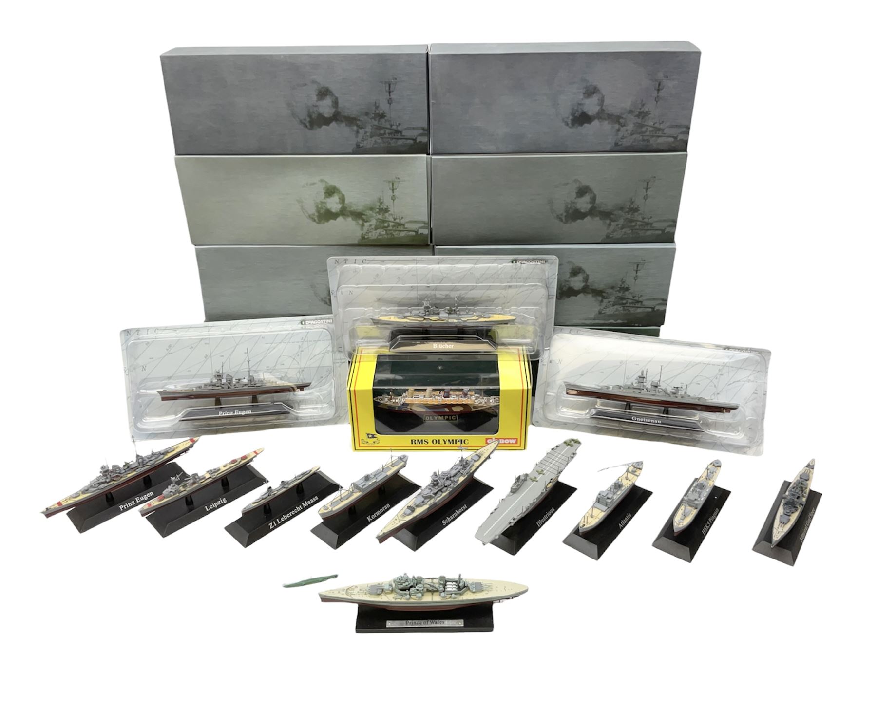 DeAgostini Atlas Editions - HMS Anson, HMS Exeter, HMS Renown, HMS Nelson, HMS Warspite, HMS Hood, Bismark, and USS Saratoga, all boxed; DeAgostini - Gneisenau, Blucher, and Prinz Eugen, packaged; together with ten further DeAgostini battleships, unboxed, and a Gilbow RMS Olympic model, boxed (qty)