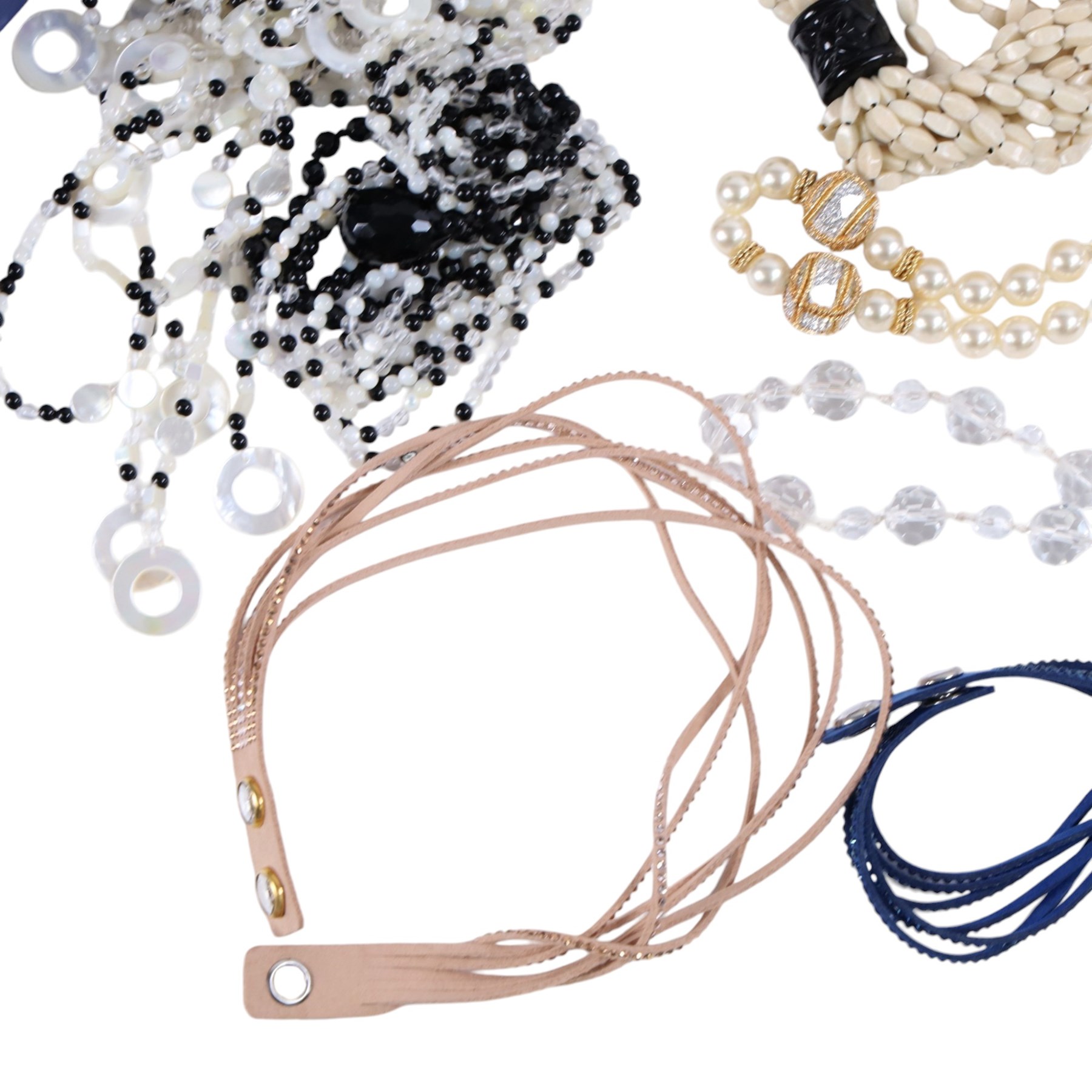 Collection of boxed Swarovski crystal jewellery, including statement necklaces, rings, bracelets and earrings, and a collection of costume jewellery including beaded necklaces