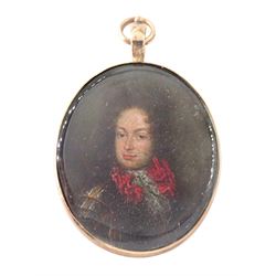 English School (17th century): Portrait miniature of a gentleman in a lace cravat and armo...