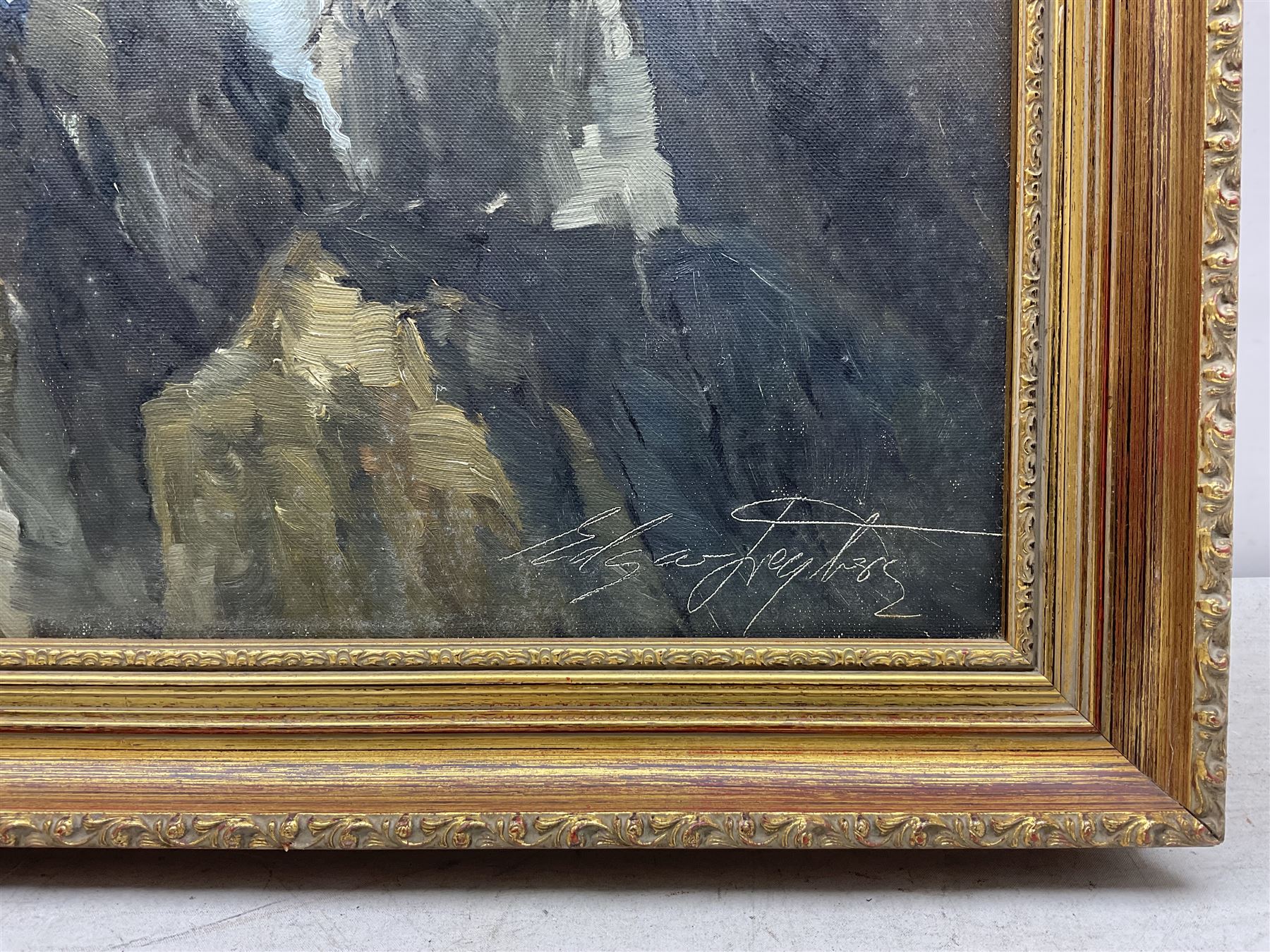 Edgar Freyberg (German 1927-2017): 'Surf' Waves Breaking on a Crag, oil on canvas signed, titled on label verso 50cm x 100cm