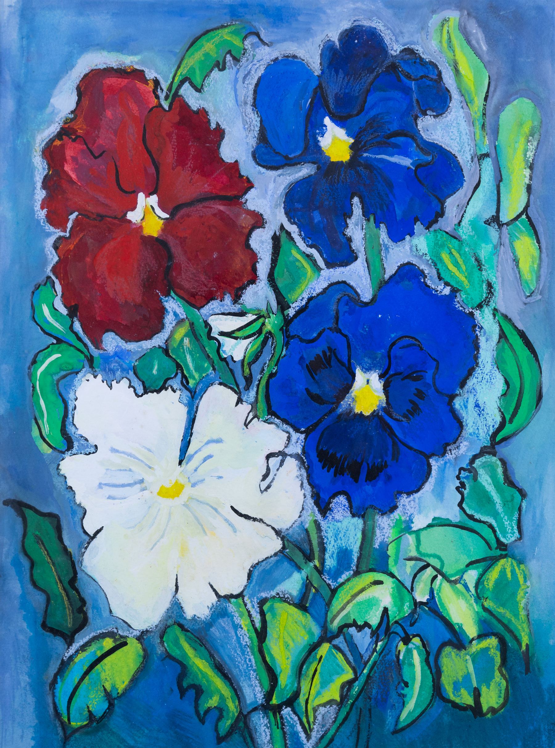 Clodagh McGuinness (Irish Contemporary): Still Life of Flowers, three large mixed media works variously signed, two 70cm x 52cm, smaller example 54cm x 40cm (3)