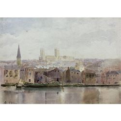 Frank Rousse (British fl.1897-1917): Lincoln Cathedral from Brayford Pool, watercolour signed with initials and dated 1920, 26cm x 35cm