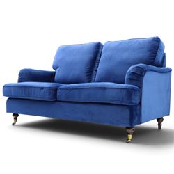 Howard design - two-seat sofa upholstered in blue fabric, traditional shape with rolled arms, on walnut finish turned feet with brushed metal cups and castors