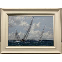 James Miller (British 1962-): 'J Class Regatta - Falmouth 2015', oil on canvas signed, titled verso 31cm x 47cm