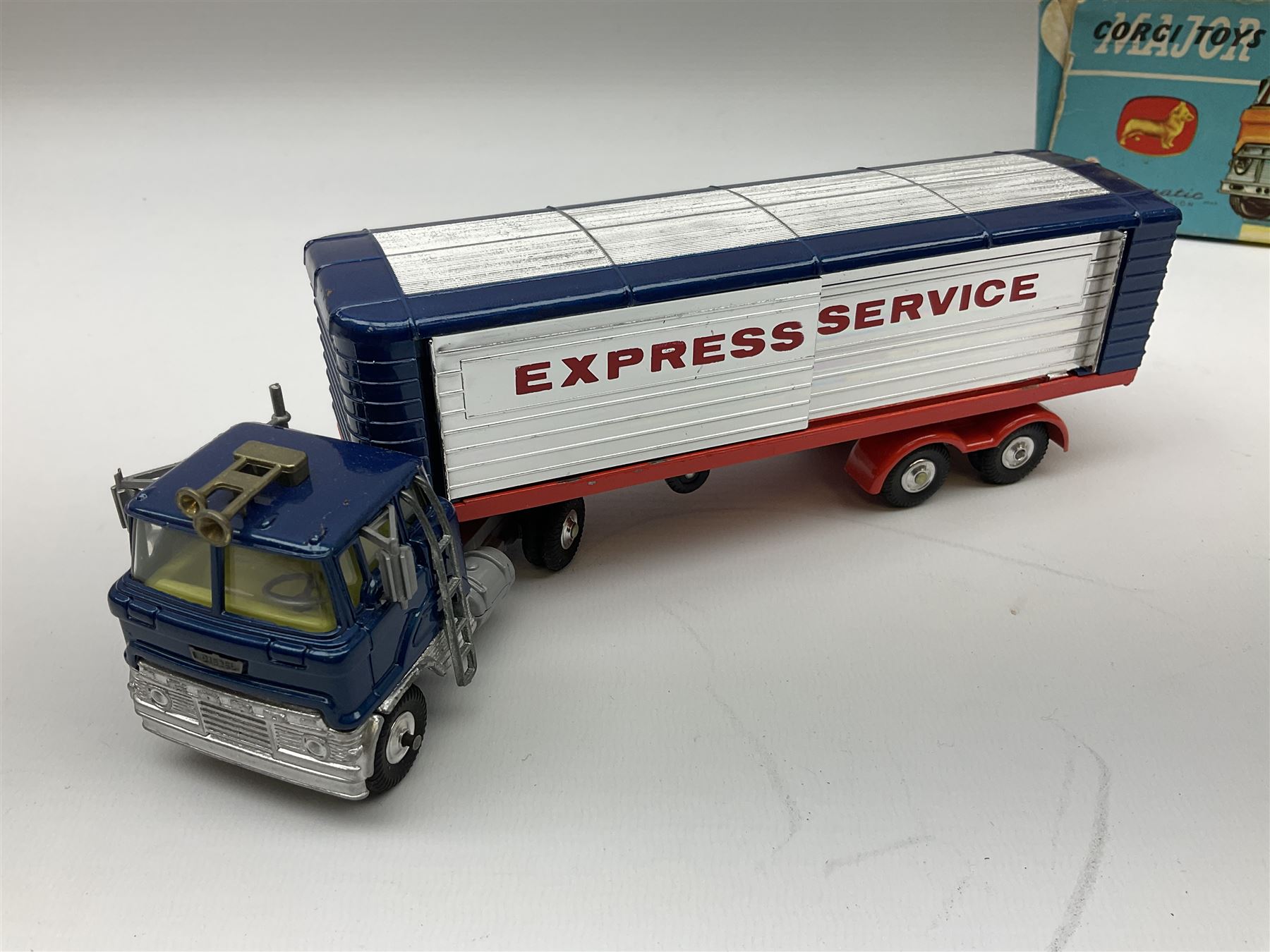 Corgi Major - Simon Snorkel Fire Engine No.1127 with figure and instruction leaflet; and Ford Tilt Cab 'H' Series with detachable trailer No.1137 with figure, inner diorama and packaging; both boxed (2)