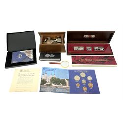 Cased set of three sterling silver ingots 'The Royal Standards', produced for The Queen's Silver Jubilee, with certificate, United Kingdom 1982 uncirculated coin collection, Queen Elizabeth II 2012 five pound coin on card, pre-decimal pennies and other similar coinage