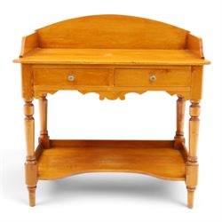 Victorian pine washstand, raised three quarter galleried top, fitted with two drawers, rai...