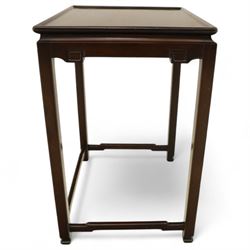Whytock & Reid, Edinburgh  - Edwardian nest of three Chinese-style solid mahogany occasional tables, rectangular top with finely moulded edge above slim square section legs with subtly chamfered inner edges, joined by H-shaped stretchers, largest W40xD33xH52cm