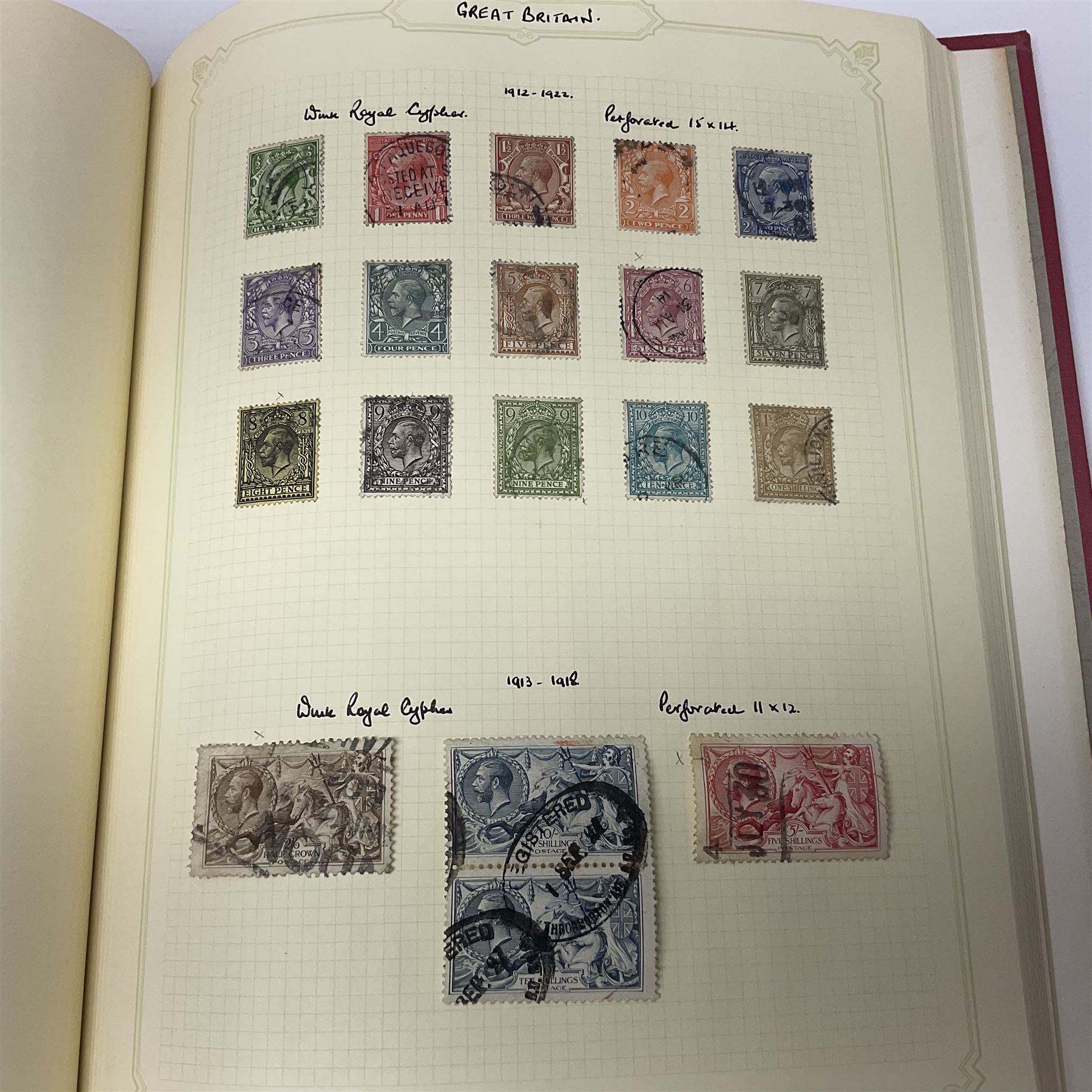 Mostly Great British Queen Victoria and later stamps, including penny black with red MX cancel, 1840 two pence blue with red MX cancel, imperf penny red with black MX cancel, perf penny reds, various Queen Victoria surface printed issues, King Edward VII two shillings sixpence and five shillings, King George V seahorses with values to ten shillings, King George VI with ten shilling dark blue used, Queen Elizabeth II pre and post decimal etc, housed in 'The Simplex Blank Album'