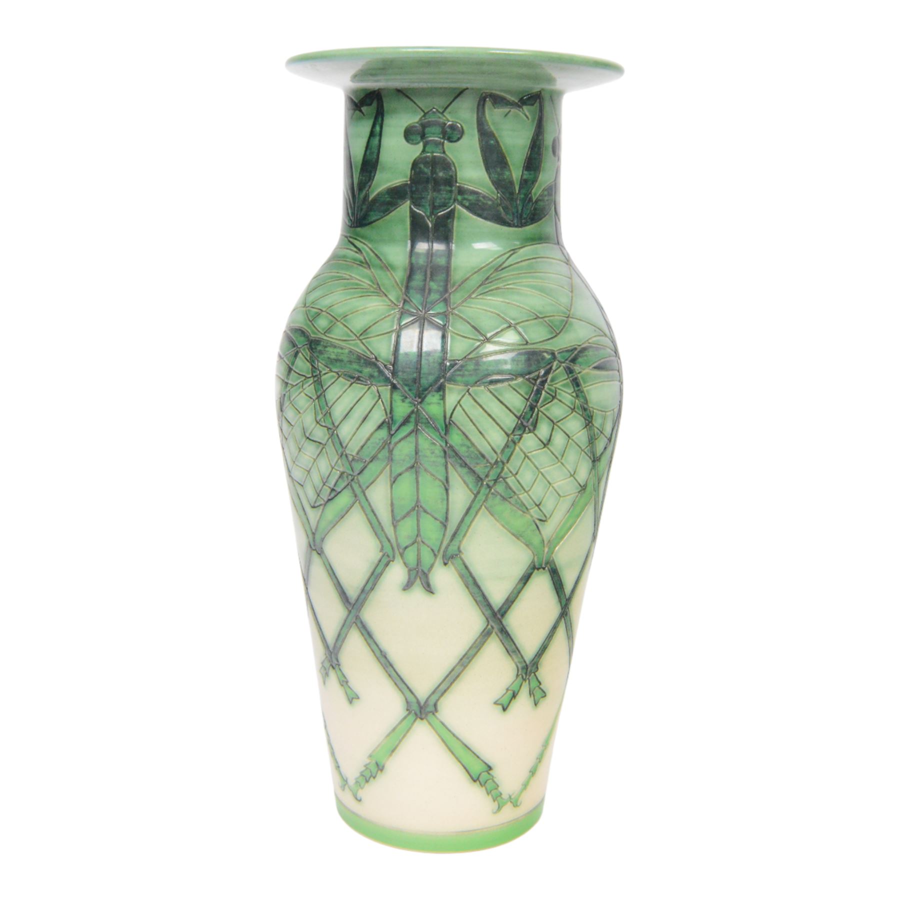 Dennis Chinaworks Praying Mantis vase, designed by Sally Tuffin dated 2005 limited edition no. 12/25, of baluster form with flared rim, decorated with repeating praying mantis pattern upon an ombre green ground, impressed and painted marks beneath, H30cm