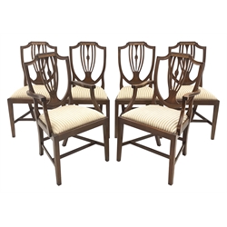 Set six (4+2) Hepplewhite style mahogany dining chairs, cresting rail inlaid with satinwood, shield shaped back with pierced and carved splat, upholstered drop in seats